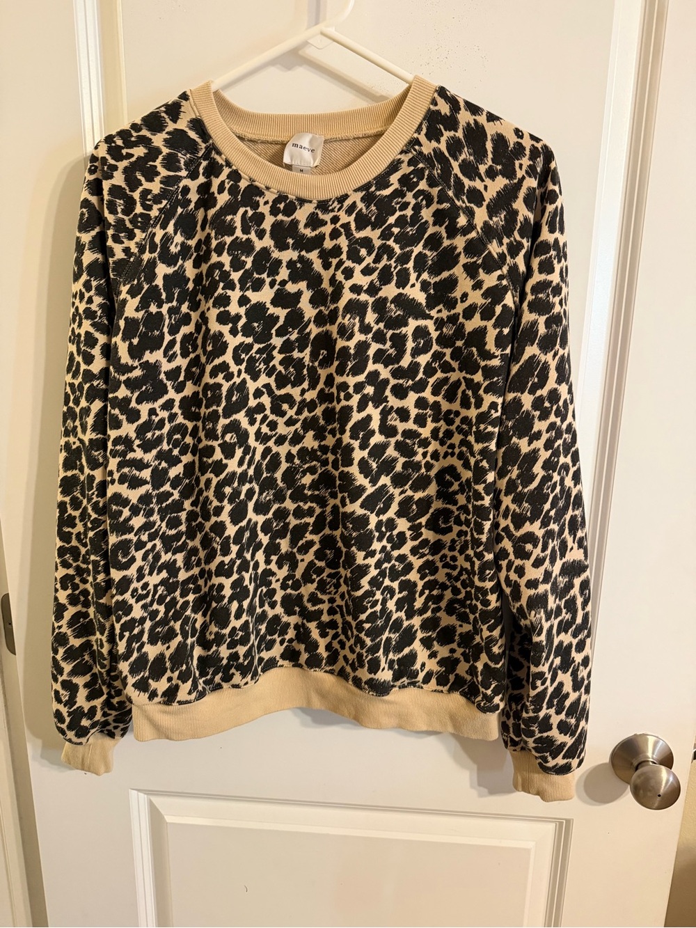 Maeve Leopard-Print Crewneck Sweater in Beige and Black